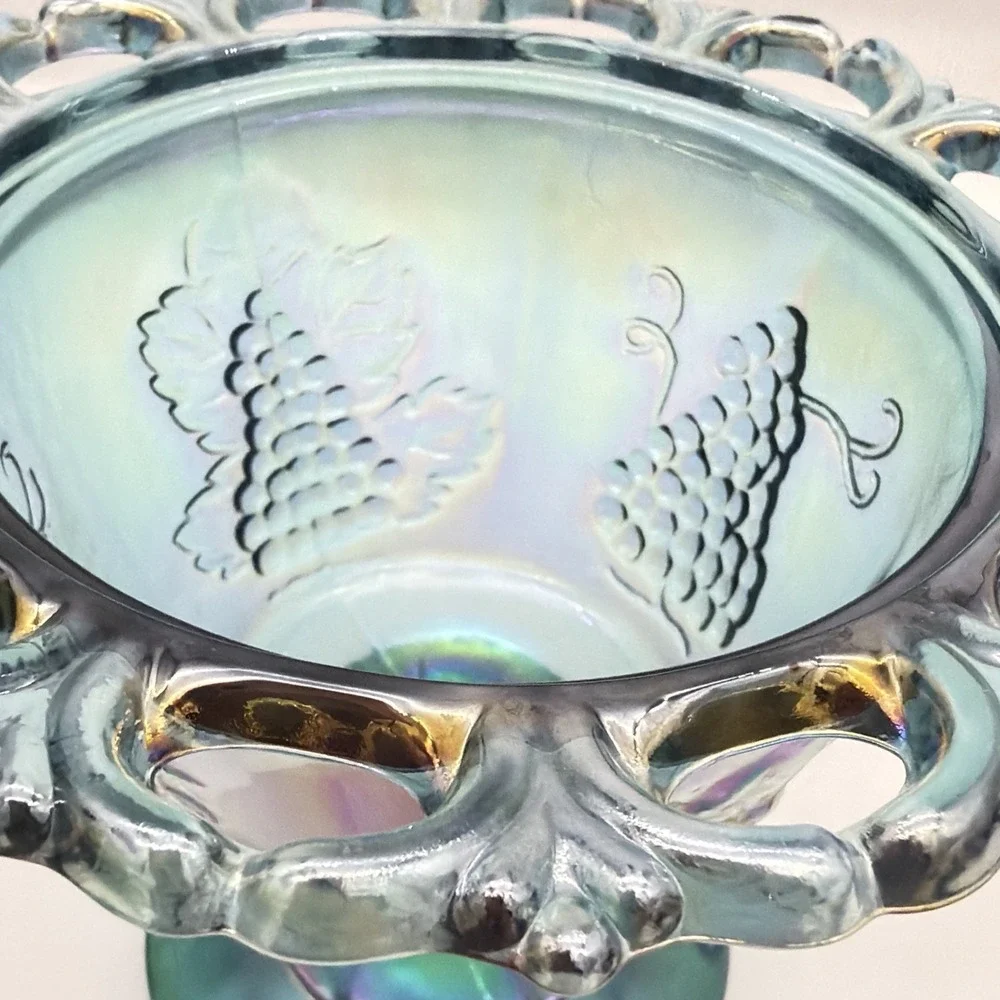 Vtg Indiana Harvest Grape Carnival Glass Covered Candy Dish Laced Pedestal Mint